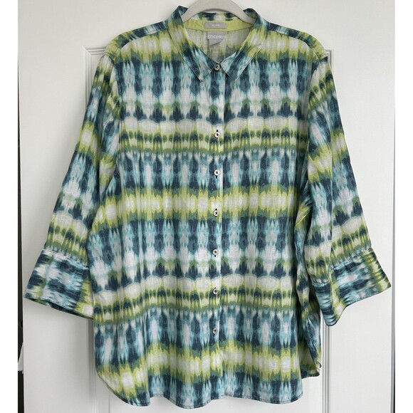 Chicos 100% Linen Shirt No Iron 4 Sz 20 Watercolor Button up Blouse 3/4 Sleeve - Picture 1 of 10